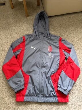 AC Milan Men’s Small Puma Gray and Red Hooded Windbreaker Jacket